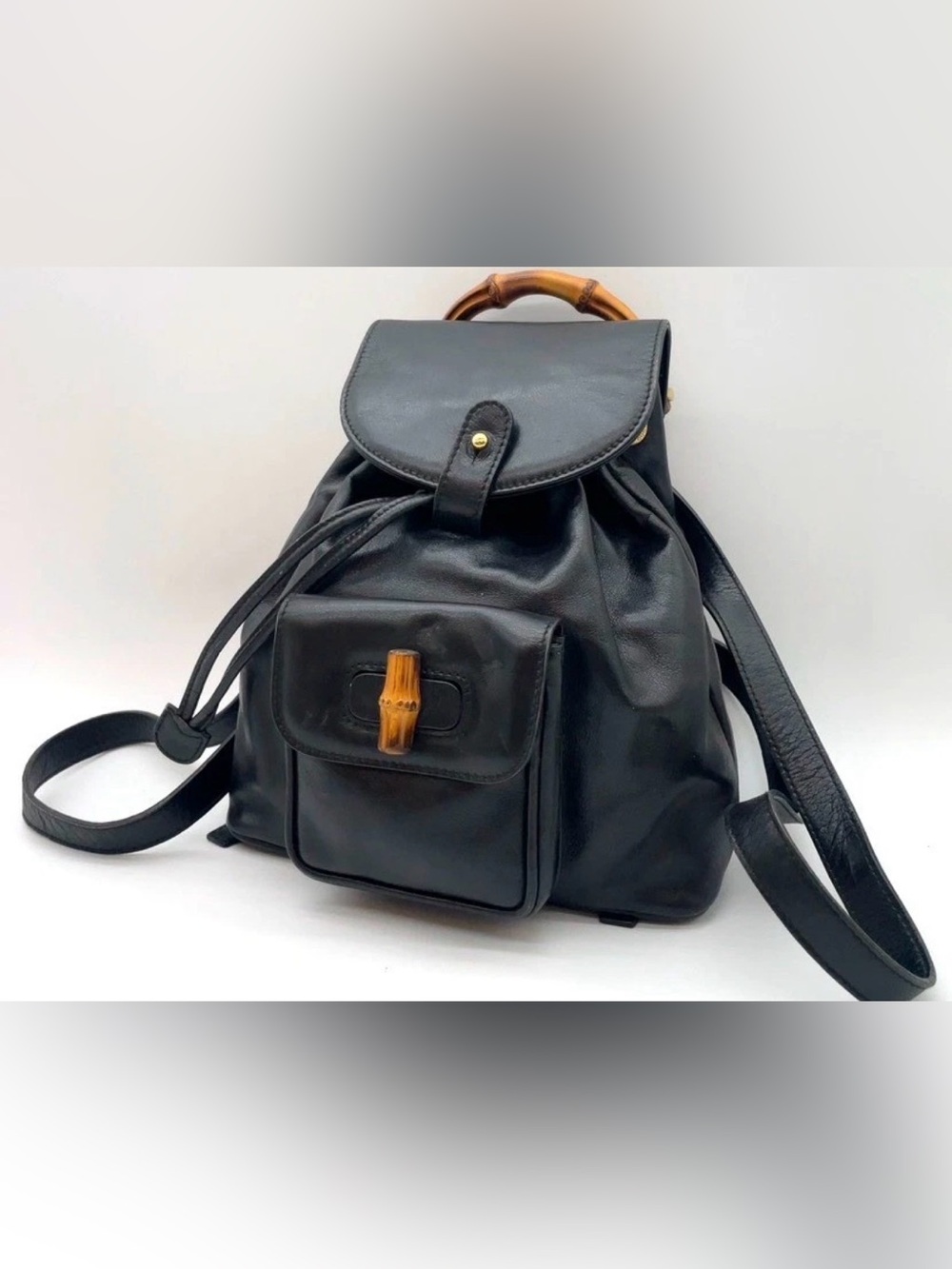 FINAL PRICE Authentic Gucci Bamboo Leather Black 003.2852 Backpack W/Dustbag - Picture 2 of 16